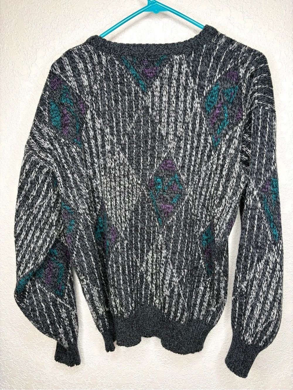 Vintage 90s Michael Gerald Sweater Gray Blue Geometric Knit Retro Dad Mens Large